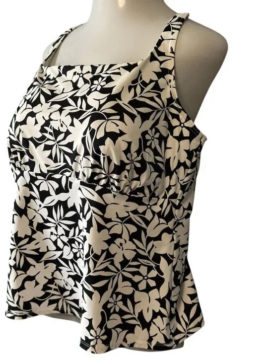 Lands End Tankini Top Size 20W Square Neck Black White Floral Swimsuit Soft Bra - Picture 3 of 16
